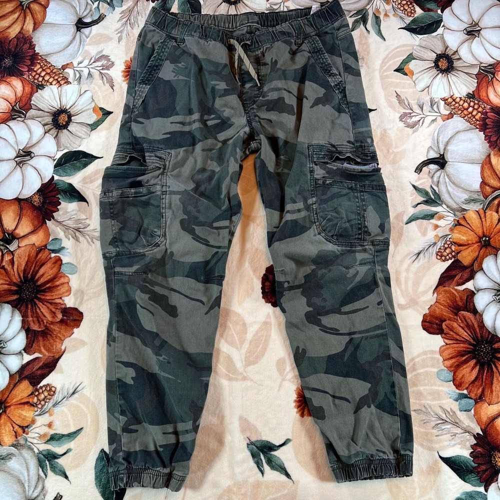 Wrangler Cargo Jogger Boys 14 Husky Green Camo Drawstring Cotton Stretch Pants